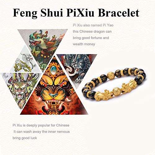 Goldenlight 2 Pcs Pi Xiu Bracelet Feng Shui Black Obsidian Wealth Bracelet for Women Men Adjustable