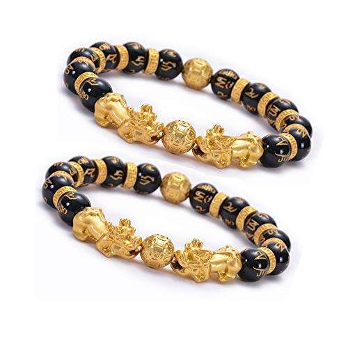 Goldenlight 2 Pcs Pi Xiu Bracelet Feng Shui Black Obsidian Wealth Bracelet for Women Men Adjustable
