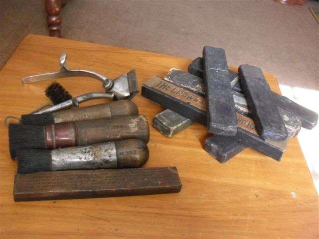 A COLLECTION OF VINTAGE  CUT THROAT RAZORS/BRUSHES/STONE SHARPENER  AND CLIPPERS