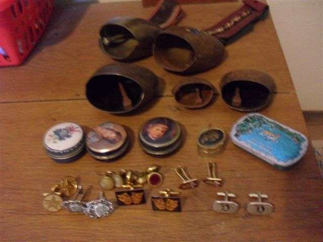 5 X COW BELLS..... CUFFLINKS AND COLLECTABLE PILL BOXES/TINS....