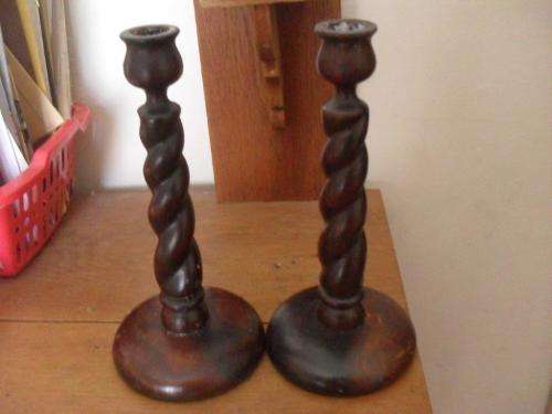 2 XBARLEY TWIST WOODEN CANDLE HOLDERS