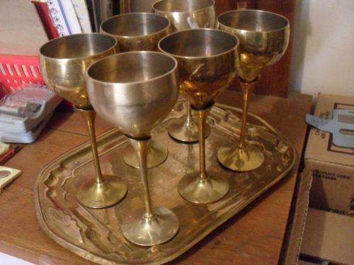 6 X BRASS GOBLETS ON A TRAY...