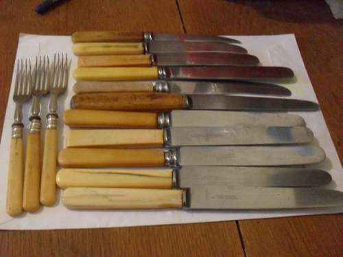 SOME VINTAGE BONEHANDLE KNIVES./FORKS..SEE PICS