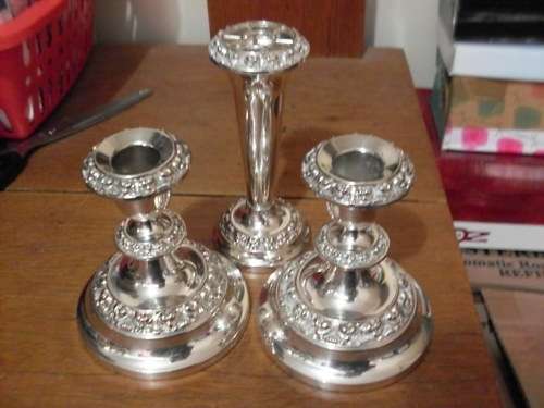 A PAIR OF SP CANDLE HOLDERS AND A VASE MADE IN ENGLAND
