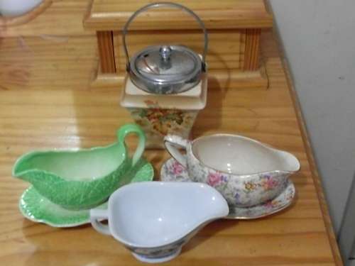 SOME VINTAGE GRAVY BOATS/UNDERPLATES  AND JAM JARS