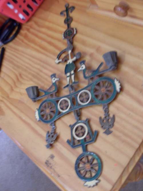 VERY UNUSUAL ENAMELED BRASS WALL CANDLE HOLDER