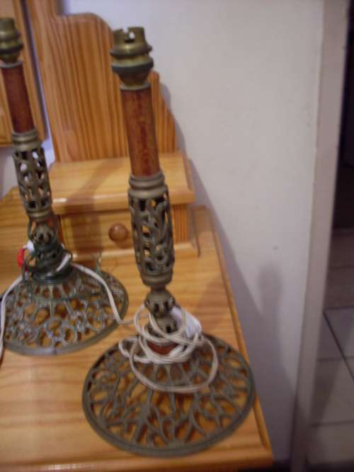 A PAIR OF LOVELY BRASS AND WOOD LAMPS