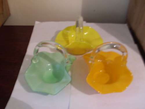 SWEET.....3 X  BONBON OR SWEETIE GLASS BASKETS IN DIFFERENT COLOURS