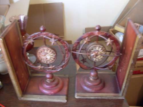 A PAIR OF METAL AND WOOD BOOKENDS...MADE IN PHILLIPPINES