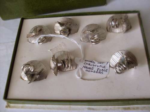 RARE CHRISTOFLE (FRANCE ) 7 X METAL NAME PLACE HOLDERS  IN ORIGINAL BOX