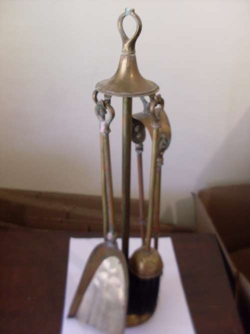 VINTAGE BRASS FIRE IRONS ON STAND....LOADS OF CHARACTER