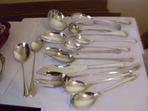 A LOVELY COLLECTION OF VINTAGE EPNS LADELS ...SERVING SPOONS ETC ETC