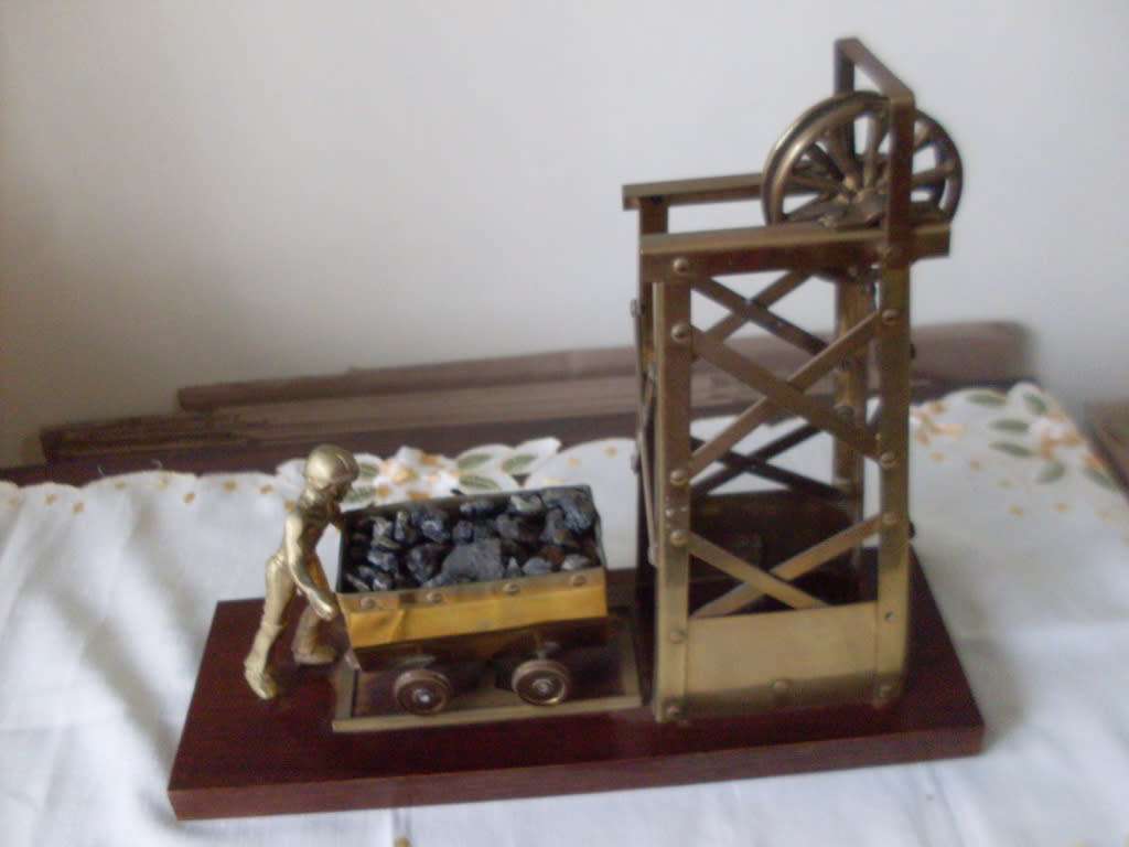 LOVELY BRASS COALMINER FIGURE MOUNTED ON WOODEN BASE ...27 CM X 32 CM X 13 CM