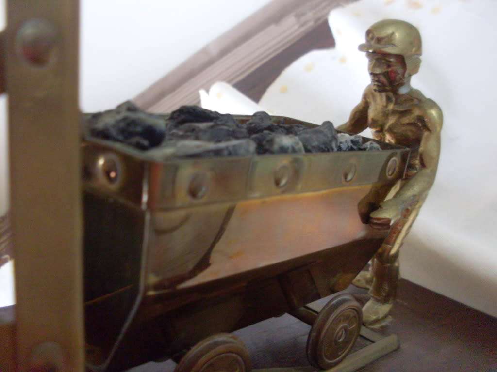 LOVELY BRASS COALMINER FIGURE MOUNTED ON WOODEN BASE ...27 CM X 32 CM X 13 CM