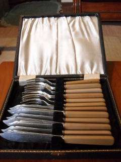 A BOXED BONE HANDLE FISH SET (EPNS )