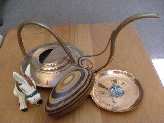 AN UNUSUAL SHAPED COPPER WATERING CAN AND OTHER ITEMS !!!!