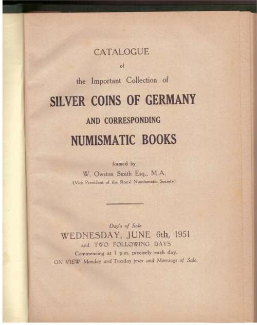 Catalogue of the Important Collection of Silver Coins of Germany and Corresponding Numusmatic Books