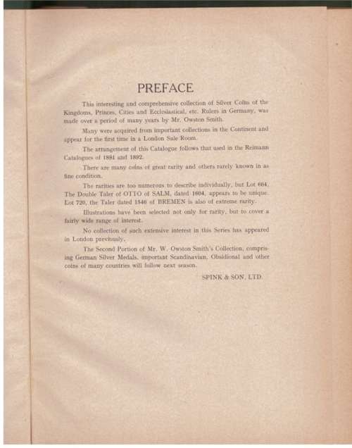 Catalogue of the Important Collection of Silver Coins of Germany and Corresponding Numusmatic Books