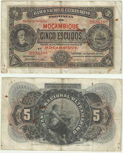 Rare - Banco Nacional Ultramarino - Mocambique 5 Escudos - 1941