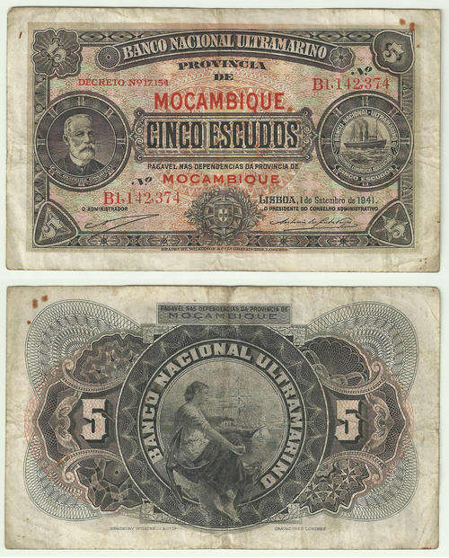 Rare - Banco Nacional Ultramarino - Mocambique 5 Escudos - 1941
