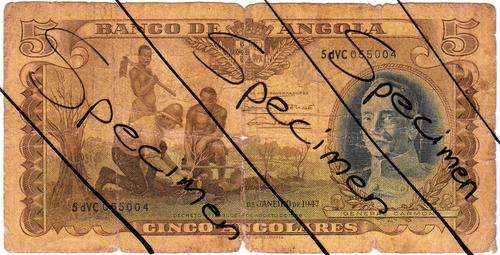 ANGOLA  5 ANGOLARES 1947 P72 GREAT NOTE AND SCARCE!!!