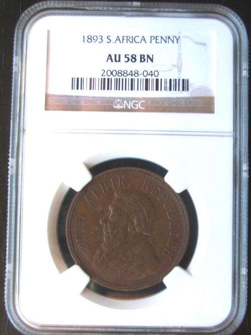 1893 SOUTH AFRICA PENNY - GRADED-  NGC AU 58 BN !!!!!!