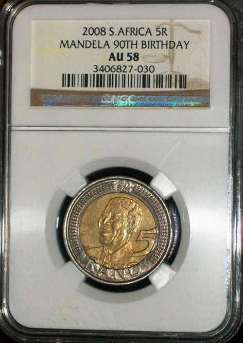 5 X NGC GRADING AU58 MANDELA 2008 BIRTHDAY R5 COIN