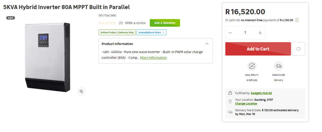 5KW Mecer inverter 48 Volt, builit in 80 AMP solar charge vontroller