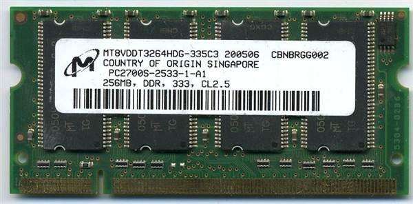 Micron 256MB PC2700 DDR-333MHz non-ECC Unbuffered CL2.5 200-Pin SoDimm Dual Rank Memory Module