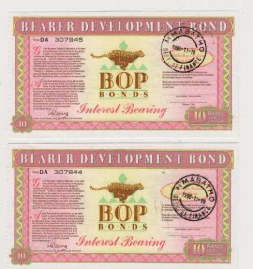 2 R10 BOP BONDS IN EXCELLENT CONDITION, NO FOLDS, NUMERICAL ORDER