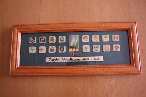 1995 Rugby World Cup framed plaque of team jerseys.