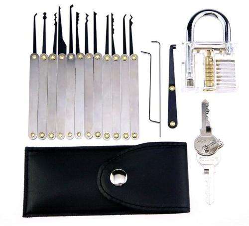 Free Shipping!! 15-Piece Lock Pick Set Key Tool + Transparent Practice Padlock
