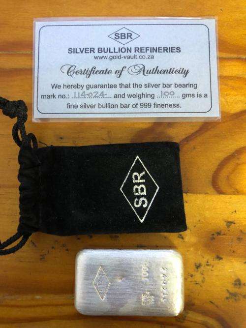 SILVER BULLION REFINERIES SILVER BAR 99.9 FINE SILVER (100 GRAMS)