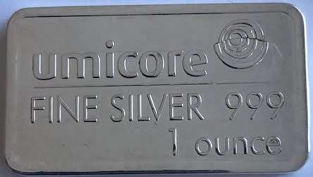 SILVER BAR 1 OUNCE UMICORE SILVER BAR