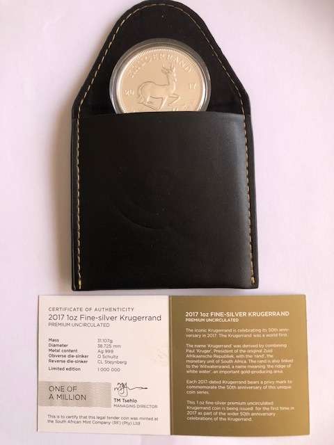 KRUGERRAND 1 OZ SILVER 2017 FIRST YEAR OF ISSUE ENCAPSULATED WITH COA AND POUCH