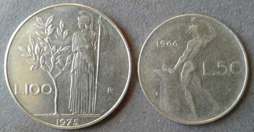 1966 & 75 ITALY 100 & 50 LIRE PAIR