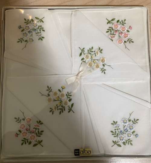 Vintage Swiss Unused Boxed of Alba Handkerchiefs Embroidered with Flowers