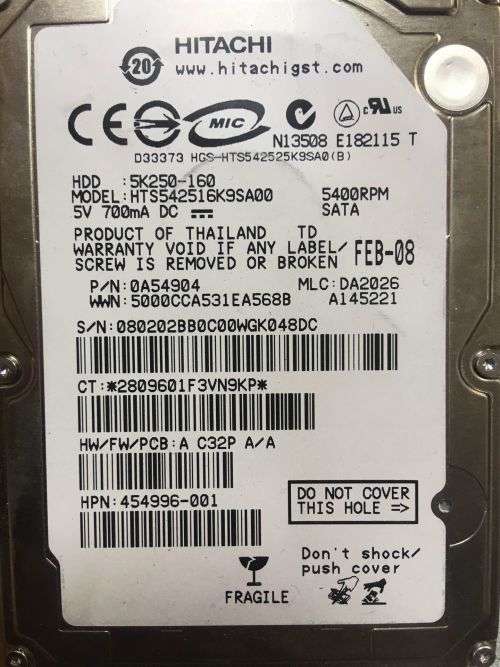 Hitachi 160GB  (HTS542516K9SA00)  Laptop Hard Disk SATA 2.5`