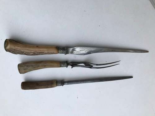 Vintage Meat Carving Set - Bone carved handle - see pics - beautiful