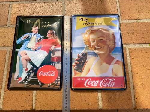 2 x vintage looking steel Coca Cola signs - nice