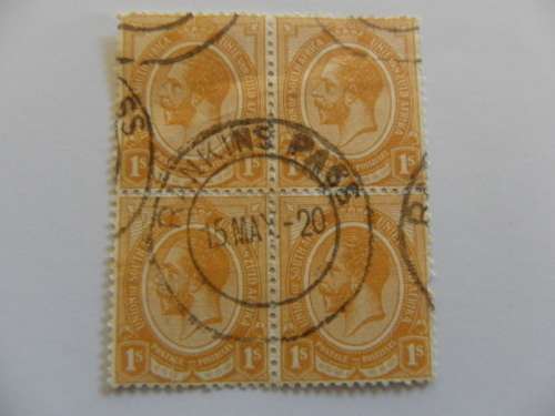Union (1913) - Definitive 1/- used block of 4 with Great Cancellation of 15 May 1920