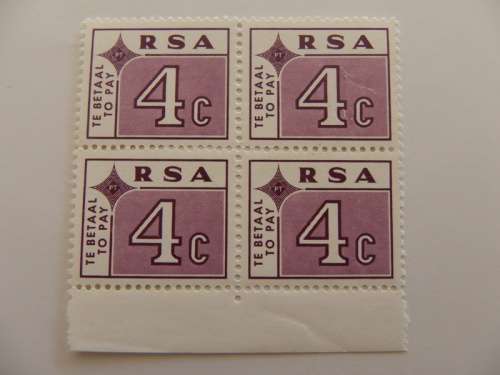 RSA (1972) - 4c Postage Due Mint Block of 4 Stamps