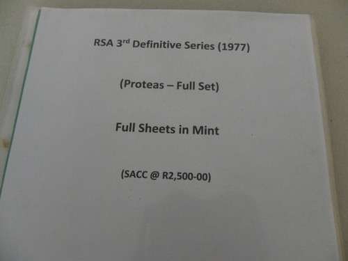 RSA 3rd Definitive Series (1977) - Proteas Full Set of 17 Full Sheets in Mint (SACC @ R2,500-00)