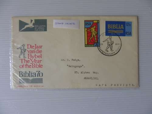 Variety : RSA 1.14 (1970) - 100th Anniverasy of the Bible Society FDC with Different Stamp Order