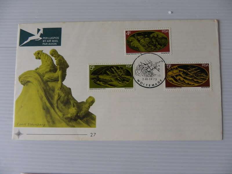 Variation : RSA 1.27 (1973) - Centenary of Wolraad Woltemade Official FDC with Dark Airmail Tag