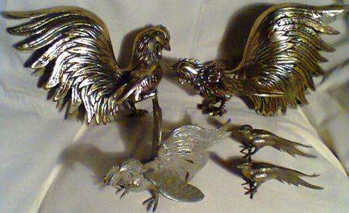 A JOB Lot of 5 Birds. 2 Heavy & Large Brass Fighting Cock's 1 x EPNS F/Cock + 2 x Peacocks .