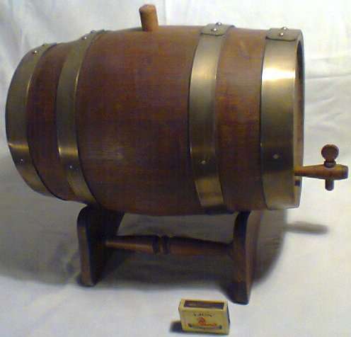 Vintage Large Brass Strapped OAK Barrel on Stand.400mm long x 235mm wide with a Tap + Cork stopper.
