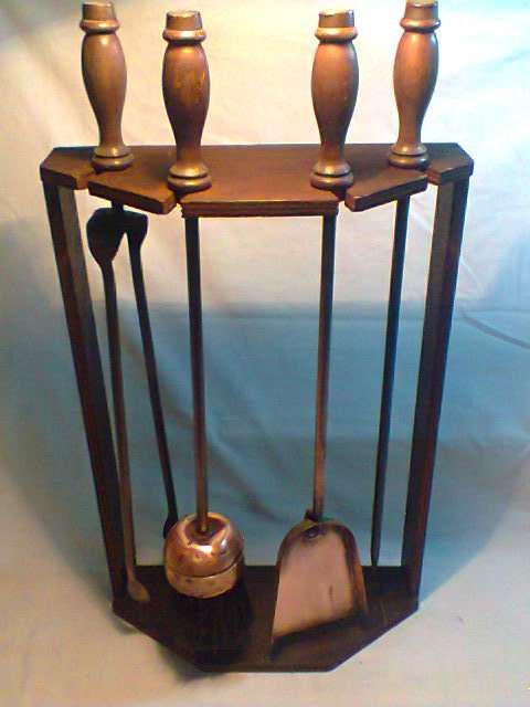 1900's 4 Heavy & Solid Copper Fire Irons with wooden Handles hung on a Hand Made wooden Stand