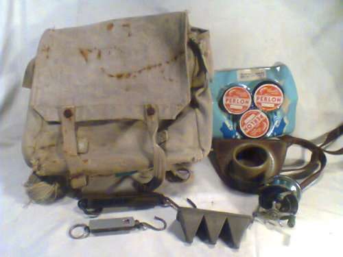 A Old Fisher Man's Vintage Rucksack with old reel & lead weight mold,2 x Pocket Scales bits & pieces