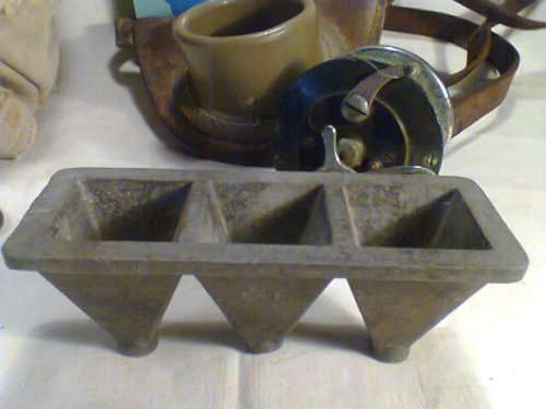 A Old Fisher Man's Vintage Rucksack with old reel & lead weight mold,2 x Pocket Scales bits & pieces